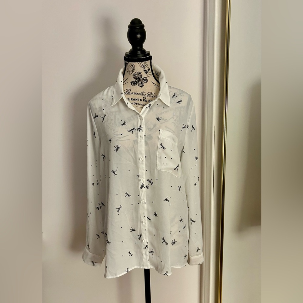White Button-Up Shirt with Black Dragonfly Print.
